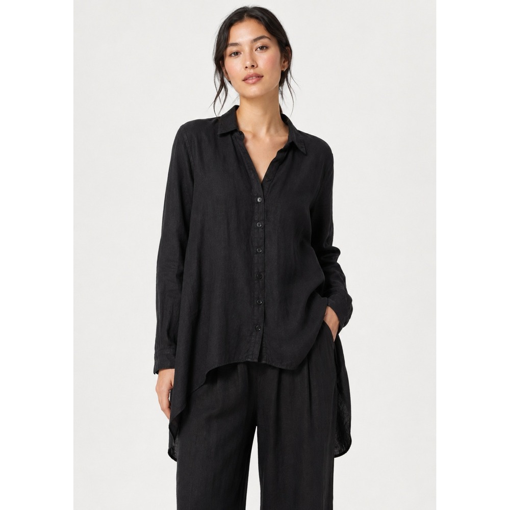 Neiman Marcus Black 100% Linen Long Sleeve High Low Button Down Tunic Shirt S